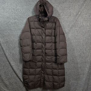 Lands' End Women's Brown Hooded Down Long Winter Quilted Coat Jacket M Goosedown
